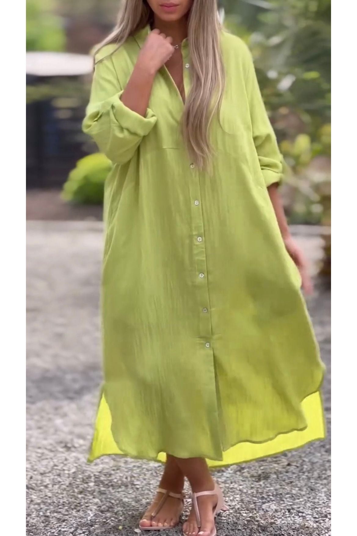 Women's Casual Solid Color Button Front Linen Shirt Dress