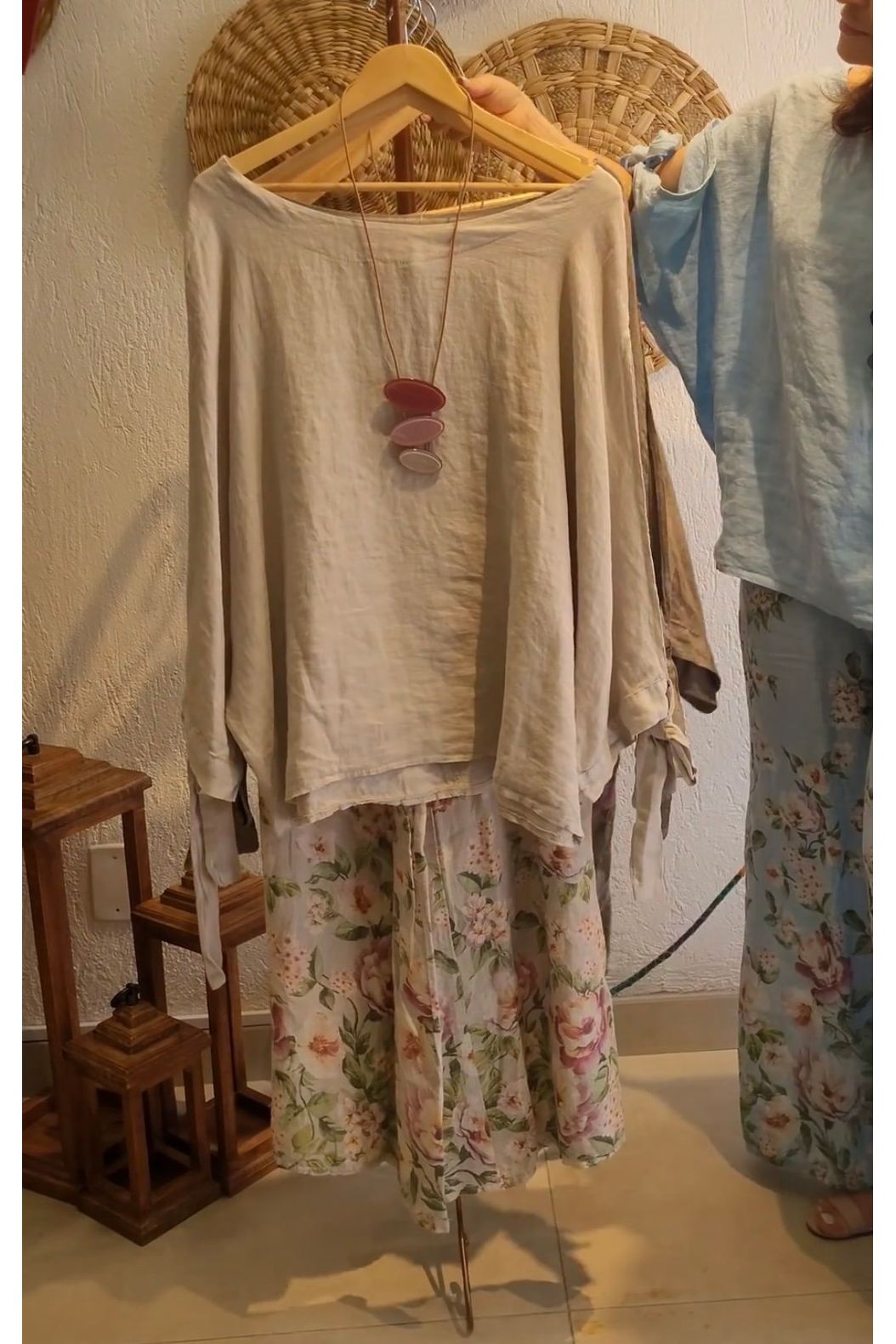 Casual effen gekleurde linnen top & wijde broek met bloemenprint voor dames